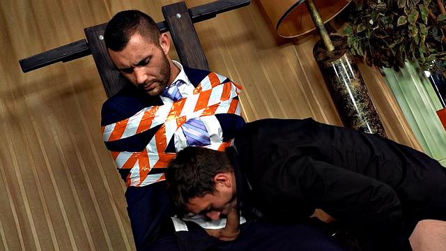 Dominant stud rides tied up BF after sucking cock