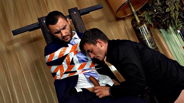 Dominant stud rides tied up BF after sucking cock