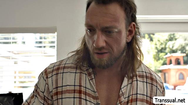 Drilling the ass of this slut TS with drildo