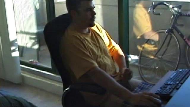 Young Tony returns for another solo session and after pulling off his pants he strokes up a hardon, while watching some porn on his computer. After beating off with determination, Tony jerks out another messy nut.