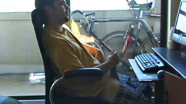 Young Tony returns for another solo session and after pulling off his pants he strokes up a hardon, while watching some porn on his computer. After beating off with determination, Tony jerks out another messy nut.