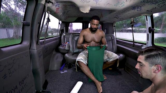 Black straight stud picked up for gay sex in public outdoor van