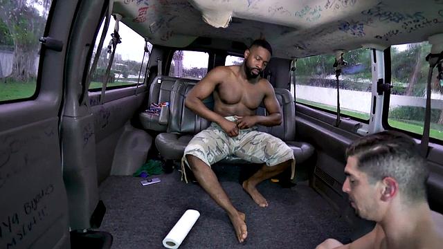 Black straight stud picked up for gay sex in public outdoor van