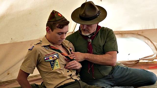 Skinny twink rides old cock in tent with elder gaydaddy