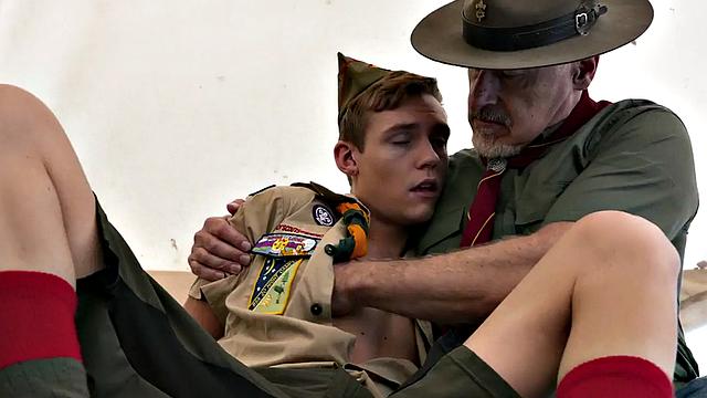 Skinny twink rides old cock in tent with elder gaydaddy