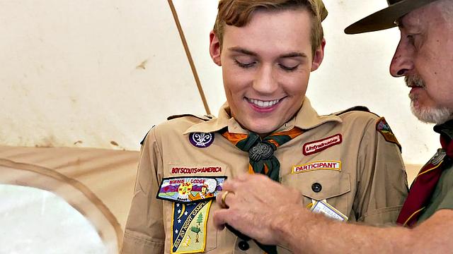 Skinny twink rides old cock in tent with elder gaydaddy