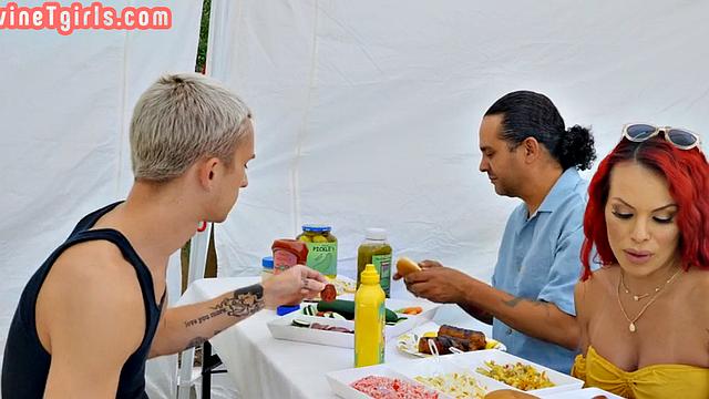 Facial TS redhead with big boobs fucked in kitchen