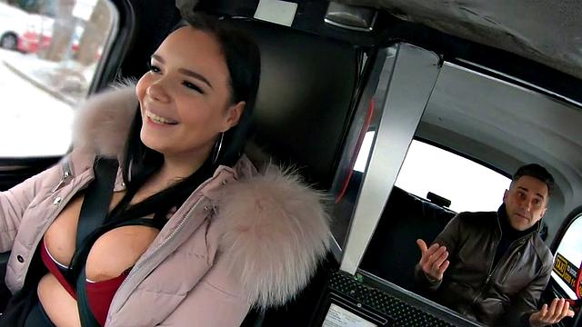 Curvy euro cabbie in stockings gets stuffed in both holes