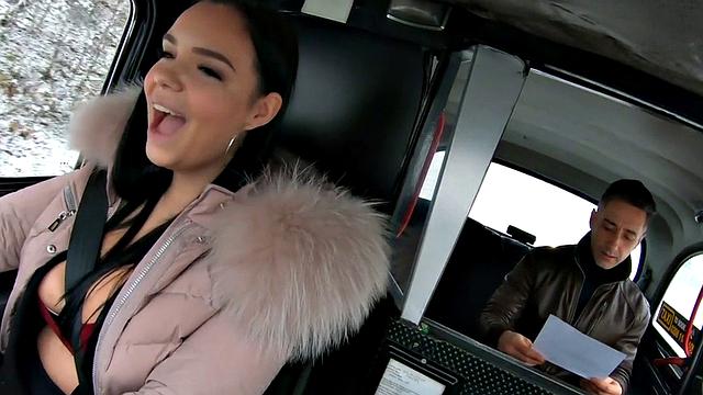 Curvy euro cabbie in stockings gets stuffed in both holes