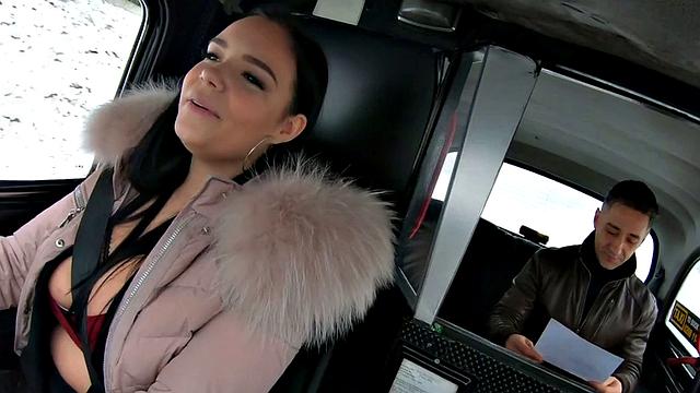 Curvy euro cabbie in stockings gets stuffed in both holes