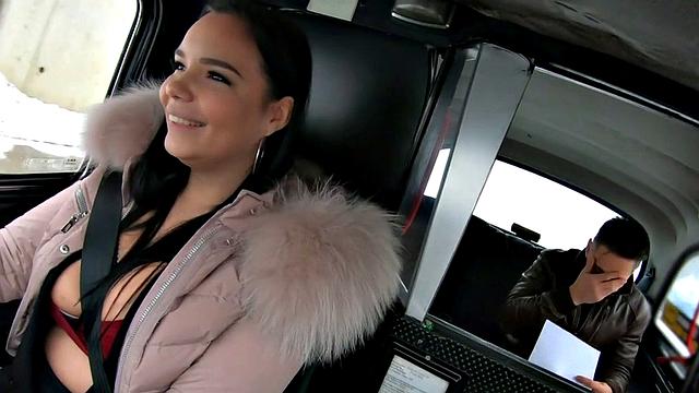 Curvy euro cabbie in stockings gets stuffed in both holes