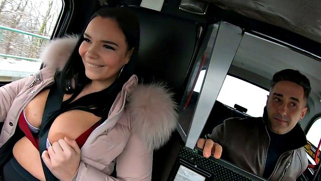 Curvy euro cabbie in stockings gets stuffed in both holes