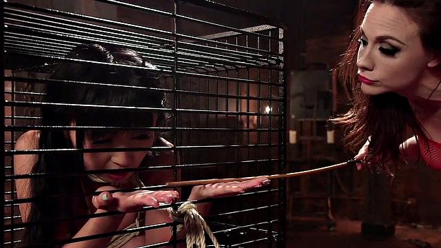 Caged whipped Asian used by lezdom for straponfuck