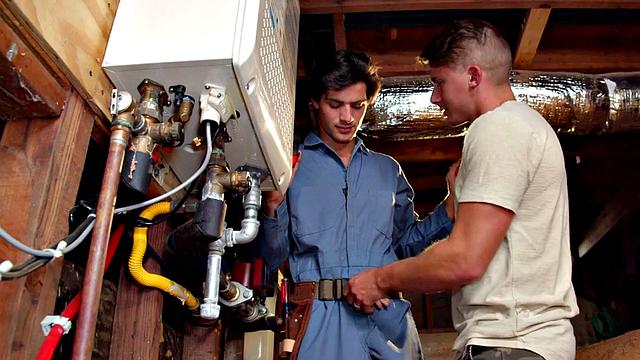 Cocksucking jock banging handyman until cumshot