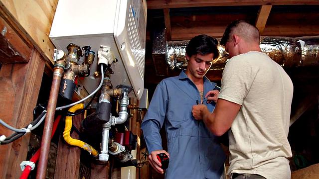 Cocksucking jock banging handyman until cumshot