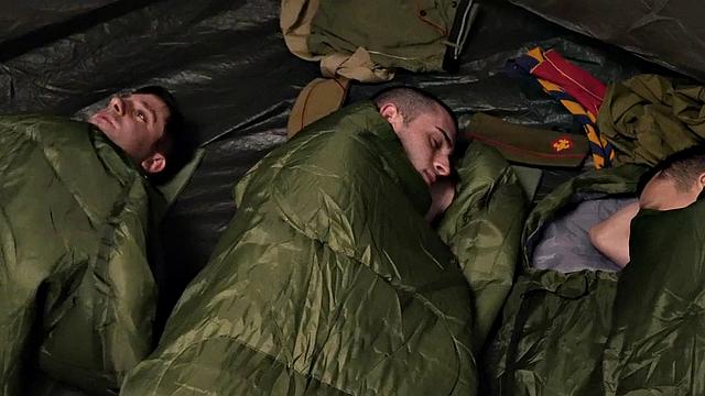 Newbie scout sharing muscled jocks in outdoor 3some