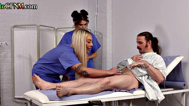 CFNM femdom nurses suck and wank patients in threesome