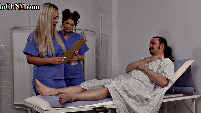 CFNM femdom nurses suck and wank patients in threesome