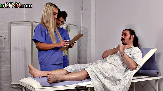 CFNM femdom nurses suck and wank patients in threesome