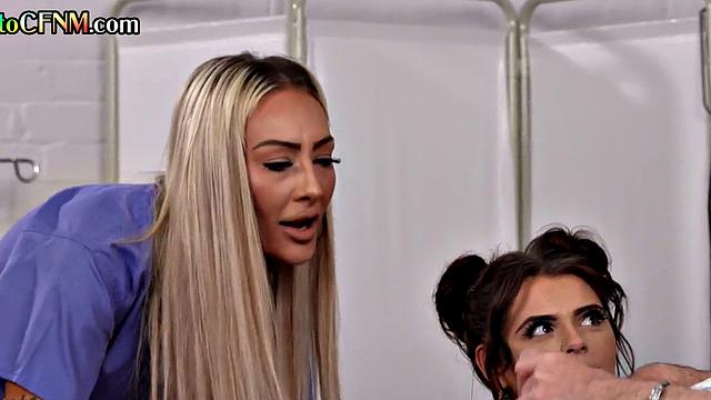 CFNM femdom nurses suck and wank patients in threesome