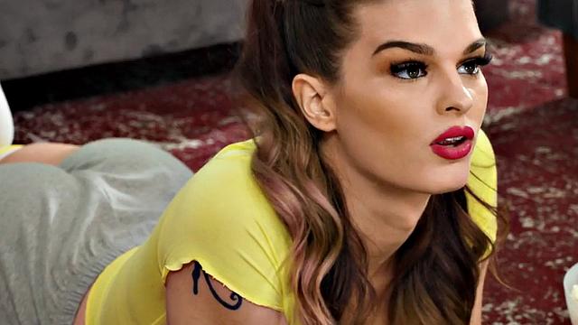 Tattooed shemale fucked by male in anal hole