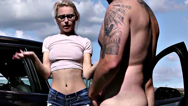 Outdoor voyeur GF teases BF from car while he jerks cock