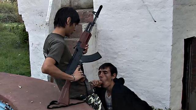 Young Latino Antonio is on guard duty and bored, so he decides to beat off. Erick catches him and soon has his hard dick out. The horny bottom makes it clear he wants Antonio's big raw cock up.