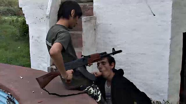 Young Latino Antonio is on guard duty and bored, so he decides to beat off. Erick catches him and soon has his hard dick out. The horny bottom makes it clear he wants Antonio's big raw cock up.