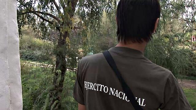 Young Latino Antonio is on guard duty and bored, so he decides to beat off. Erick catches him and soon has his hard dick out. The horny bottom makes it clear he wants Antonio's big raw cock up.