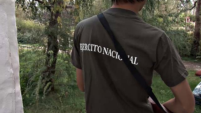 Young Latino Antonio is on guard duty and bored, so he decides to beat off. Erick catches him and soon has his hard dick out. The horny bottom makes it clear he wants Antonio's big raw cock up.