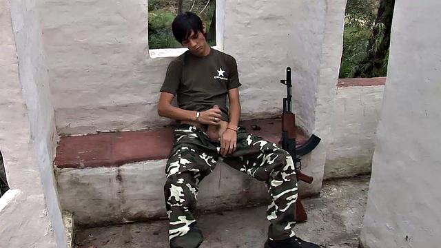 Young Latino Antonio is on guard duty and bored, so he decides to beat off. Erick catches him and soon has his hard dick out. The horny bottom makes it clear he wants Antonio's big raw cock up.