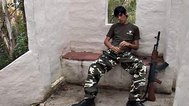 Young Latino Antonio is on guard duty and bored, so he decides to beat off. Erick catches him and soon has his hard dick out. The horny bottom makes it clear he wants Antonio's big raw cock up.