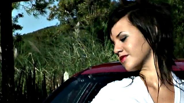 Wet and Wild: Sexy Brunette Teens Linger in Panties & T-shirts While Washing Car in the Rain