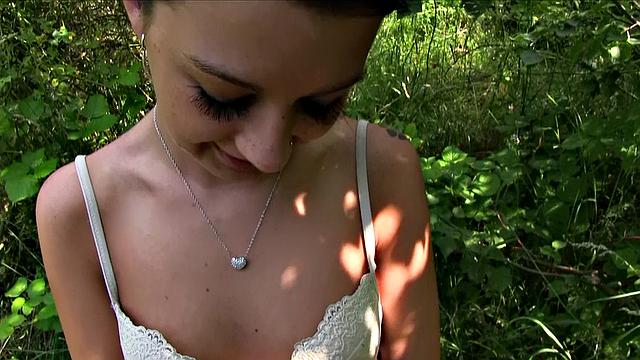 Brunette Lolly gets her tight pussy pounded in the park with her t-shirt on