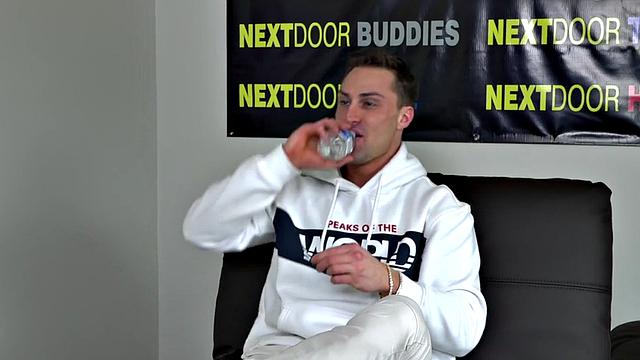 Ripped hunk strokes his oiled stiff dick at casting