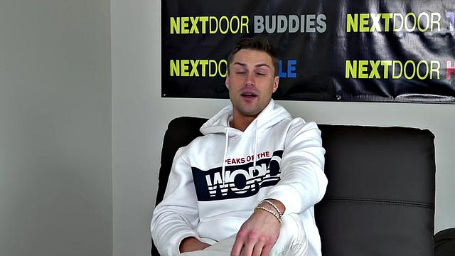 Ripped hunk strokes his oiled stiff dick at casting