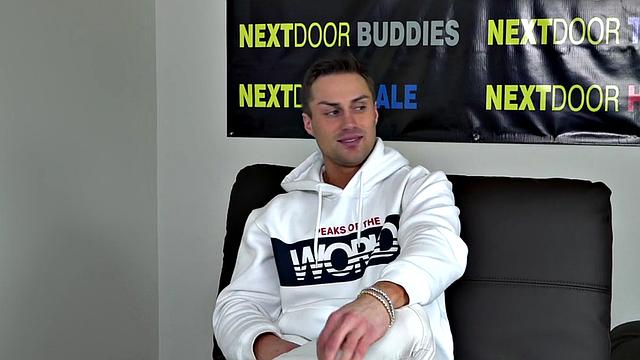 Ripped hunk strokes his oiled stiff dick at casting