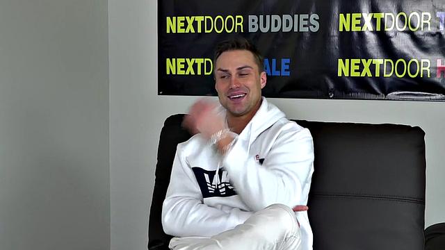 Ripped hunk strokes his oiled stiff dick at casting