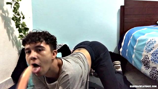 On the floor of his bedroom, young Juan slowly strips naked and begins working his uncut dick. Then he grabs a big dildo and starts fucking himself.