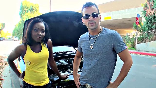 Brunette street-stalker in high heels takes on two cocks in various positions