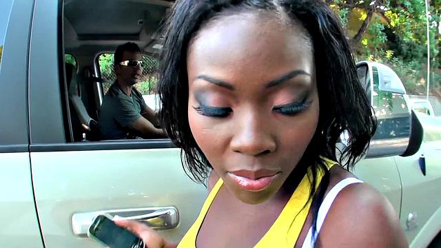 Brunette street-stalker in high heels takes on two cocks in various positions