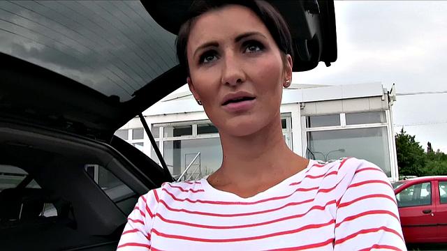 Short-haired brunette MILF gets bent over and pounded hard in the parking lot