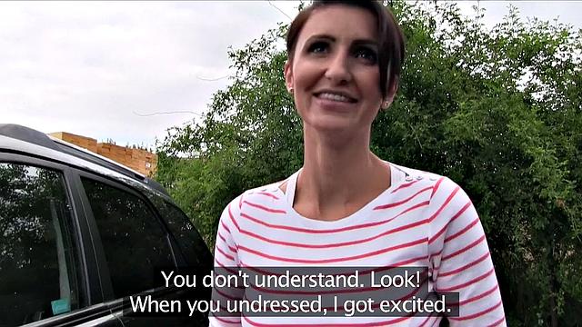 Short-haired brunette MILF gets bent over and pounded hard in the parking lot