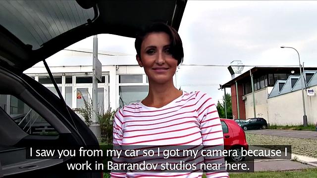 Short-haired brunette MILF gets bent over and pounded hard in the parking lot