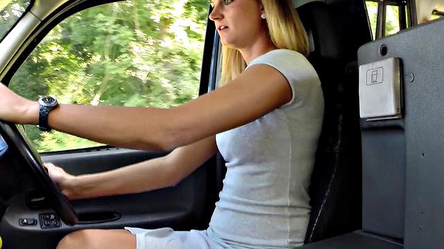 Blonde with tattoos gets her bald pussy licked and filled with cum by the driver in the cab