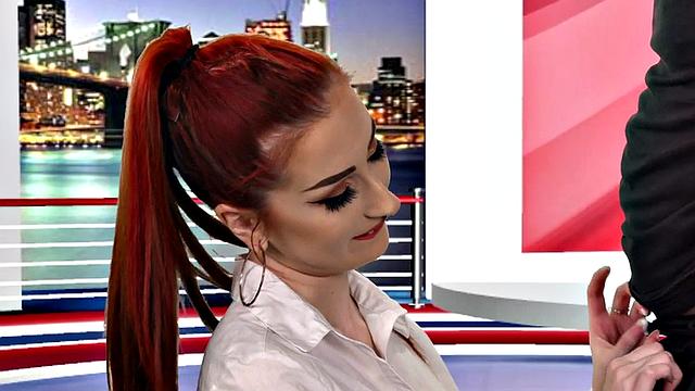 CFNM femdom TV host sucks and wanks guests cock