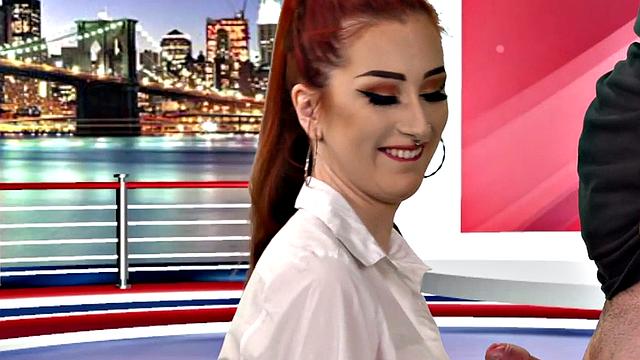 CFNM femdom TV host sucks and wanks guests cock