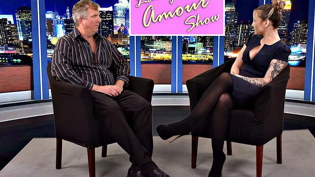 CFNM femdom TV host sucks and wanks guests cock