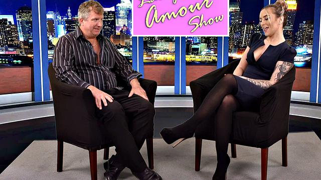 CFNM femdom TV host sucks and wanks guests cock