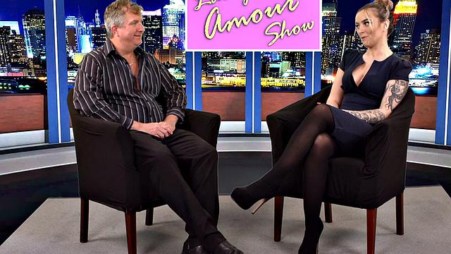 CFNM femdom TV host sucks and wanks guests cock